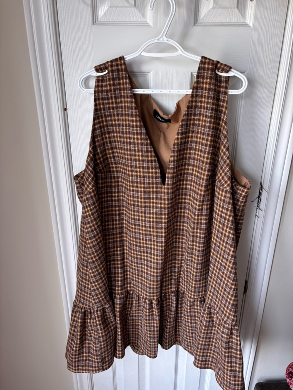 Cider Brown Plaid V-Neck Ruffle-Hem Mini Dress